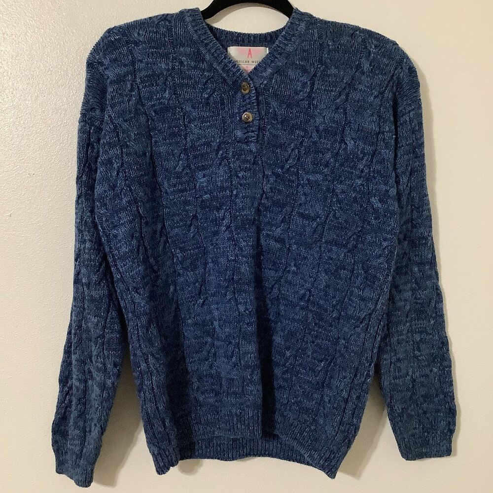 American Weekend Vintage Blue Grandpacore Cable Knit Fisherman Button Sweater S